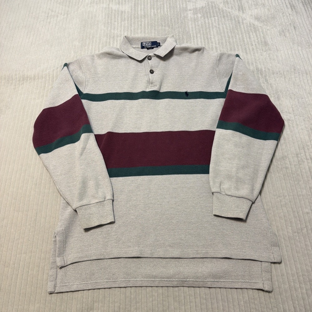 Vintage Polo Ralph Lauren Rugby Shirt L Gray green Red  Pony Made In USA 1990s